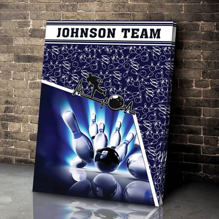 Personalized Bowling Canvas Print with team name 'Johnson Team' and dynamic bowling pin design
