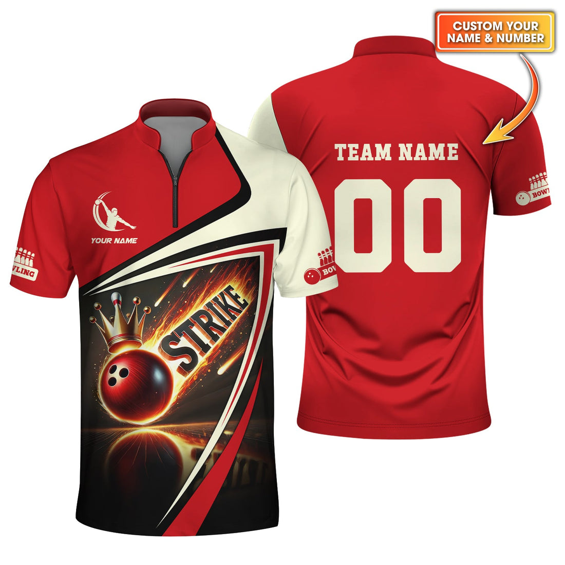 Front and back views of personalized red and white bowling jersey with flaming strike graphic and customizable player name, team name, and number