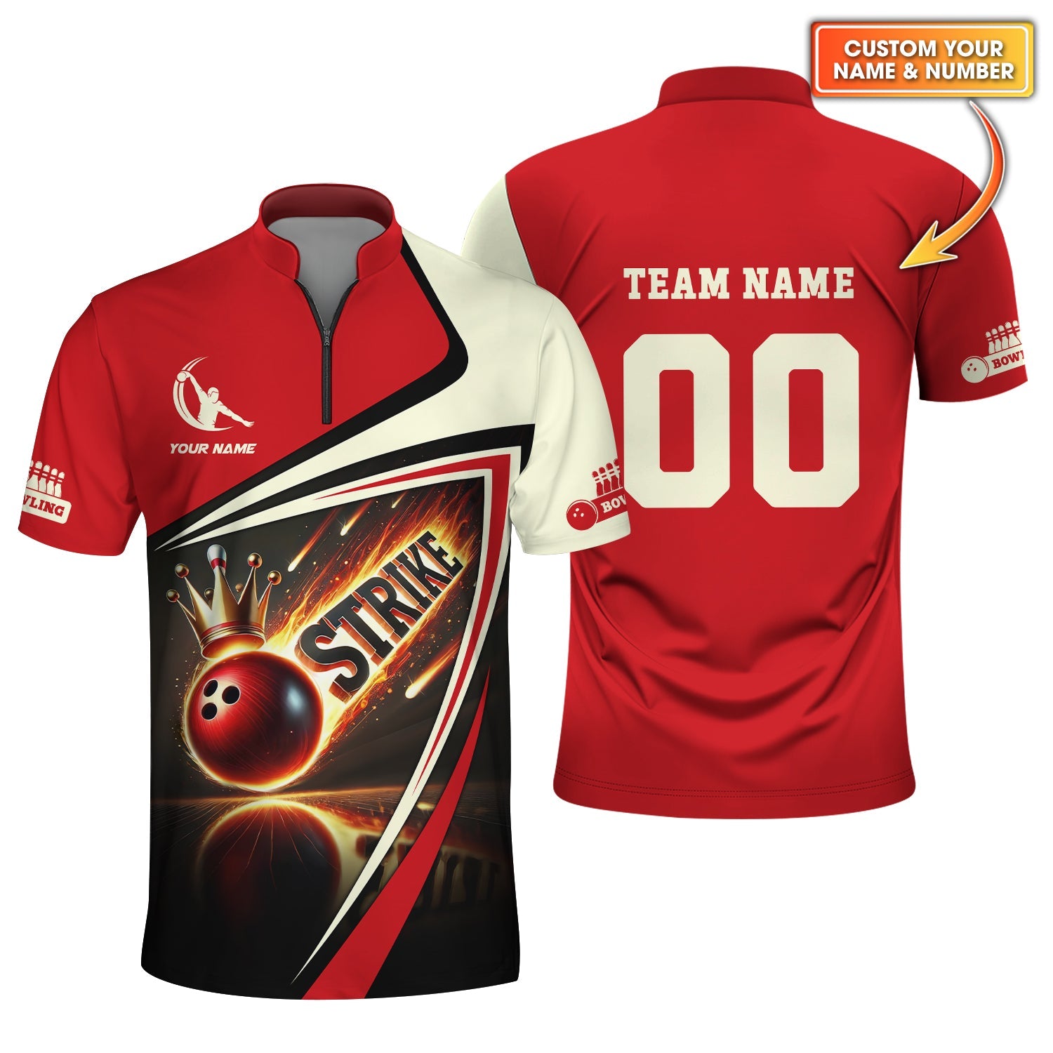 Front and back views of personalized red and white bowling jersey with flaming strike graphic and customizable player name, team name, and number