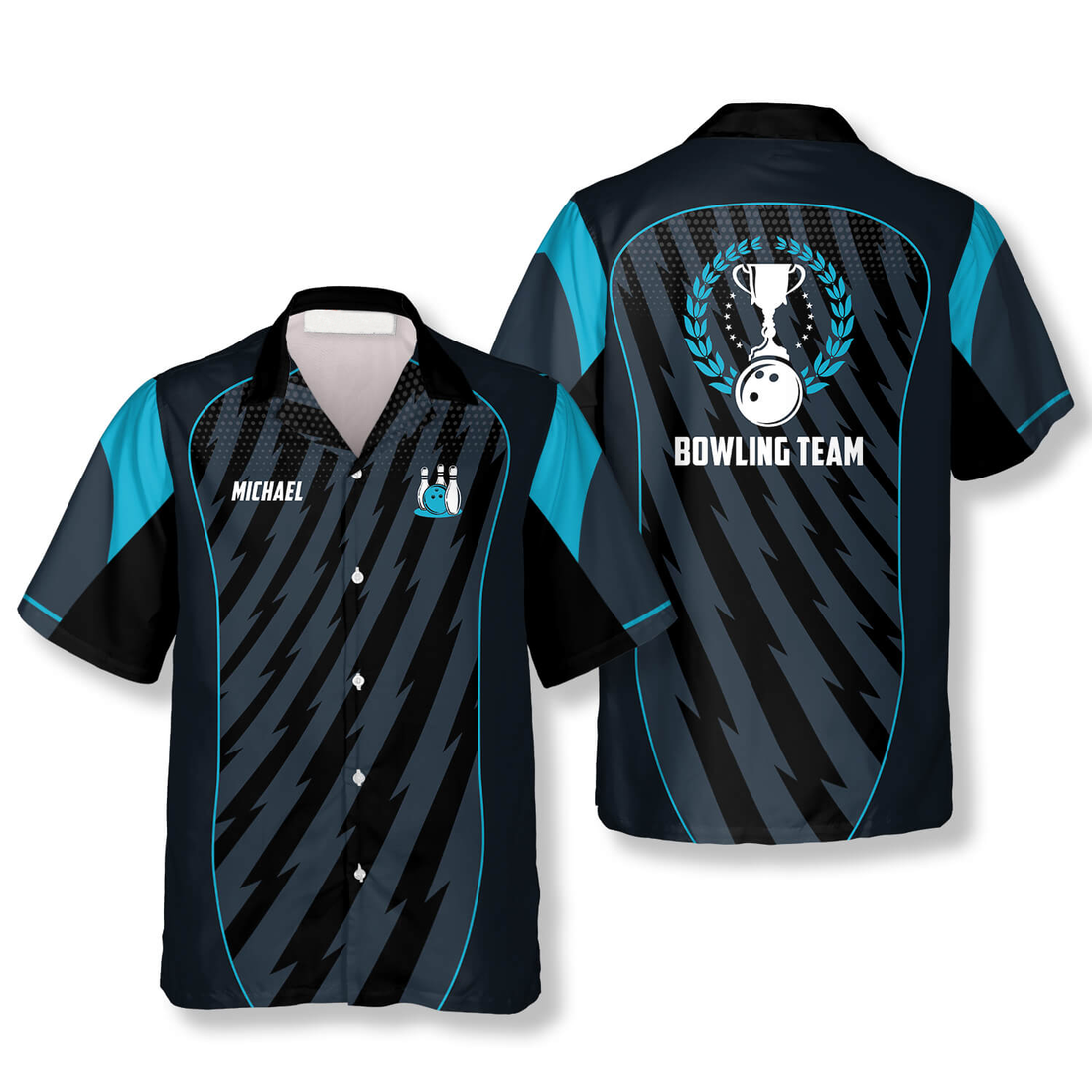 Custom black and teal bowling shirt with trophy emblem and lightning design, showing editable name on front and team name on back.