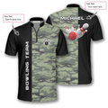 Front and back views of custom bowling shirt with black and camouflage design, customizable team and individual names, and bowling graphics.