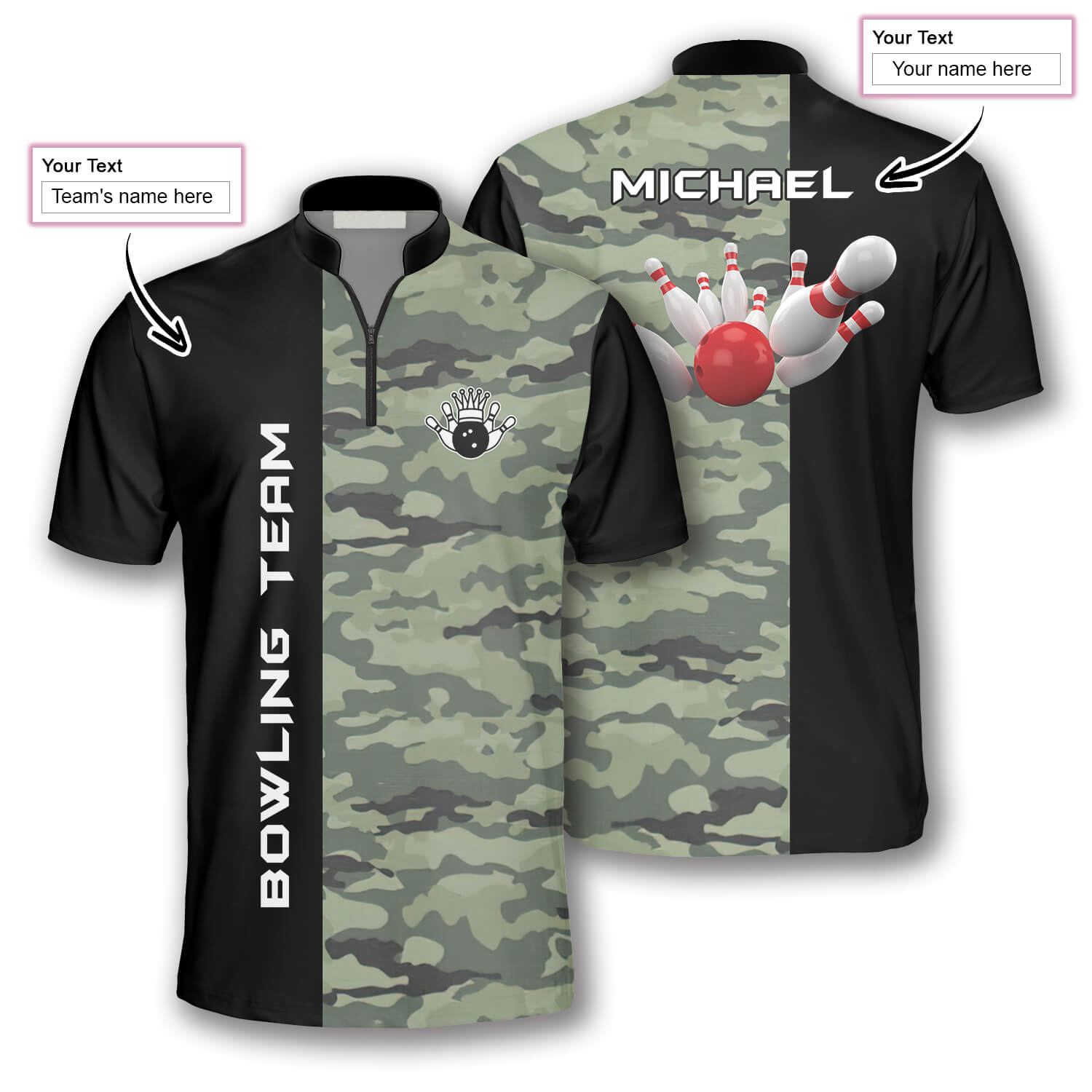 Front and back views of custom bowling shirt with black and camouflage design, customizable team and individual names, and bowling graphics.