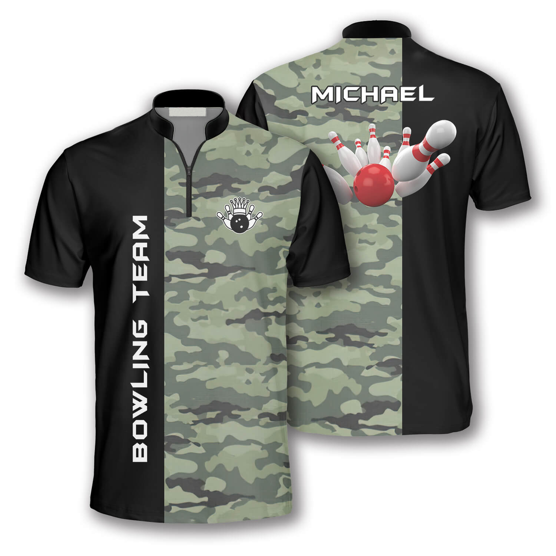Front and back views of bowling polo shirt featuring customizable camouflage and black sections with team name and individual's name.