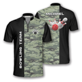Front and back views of bowling polo shirt featuring customizable camouflage and black sections with team name and individual's name.