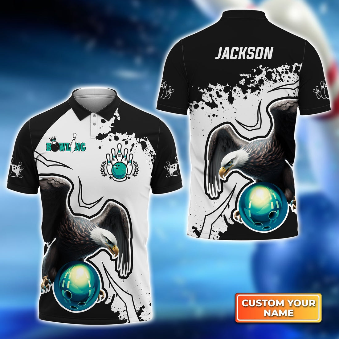 Front and back view of a custom bowling shirt featuring a striking eagle holding a teal bowling ball, with the name "Jackson" printed on the back and black-white splatter background.