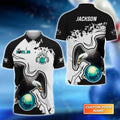 Front and back view of a custom bowling shirt featuring a striking eagle holding a teal bowling ball, with the name 