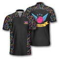 Front and back view of a bowling polo shirt with colorful neon bowling pins and balls, personalized with name 