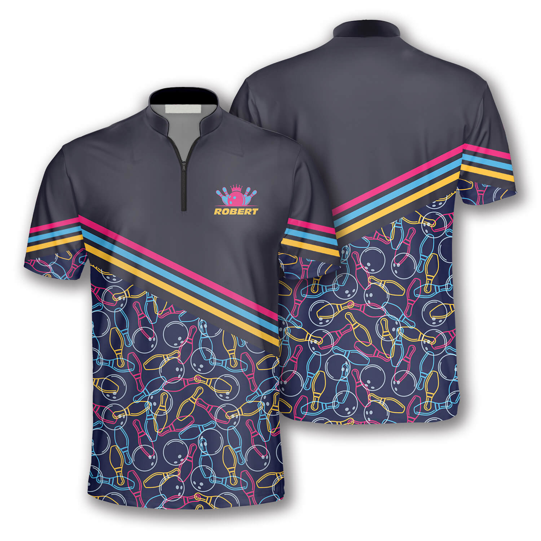 Front and back view of a bowling polo shirt with colorful neon bowling pins and balls, personalized with name "Robert," diagonal stripe pattern on dark background.