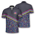 Front and back view of a black bowling polo shirt featuring neon bowling patterns along the sides, personalized with name 