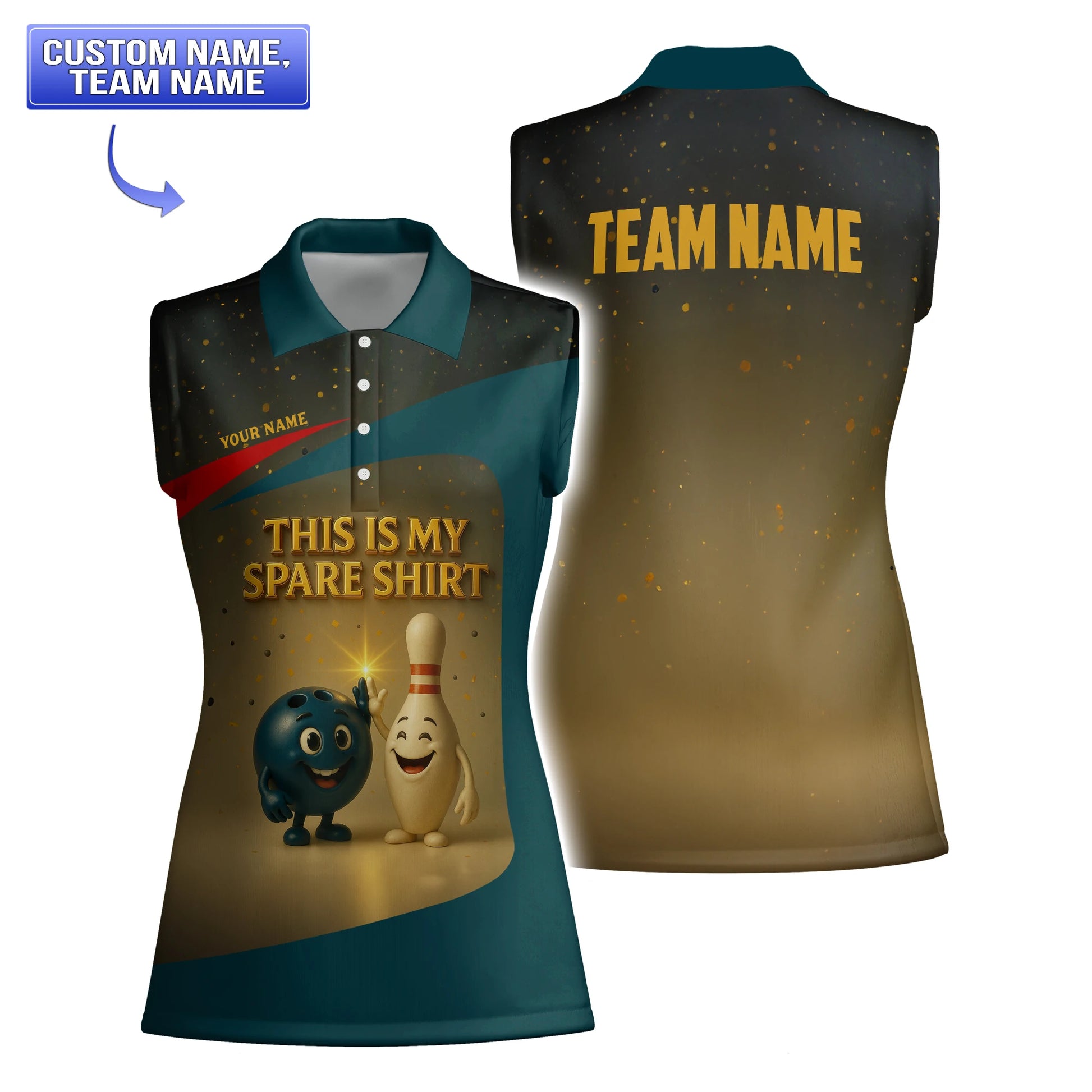 Personalized bowling polo shirt—breathable polyester in teal/gold, featuring “This Is My Spare Shirt” slogan and custom back name