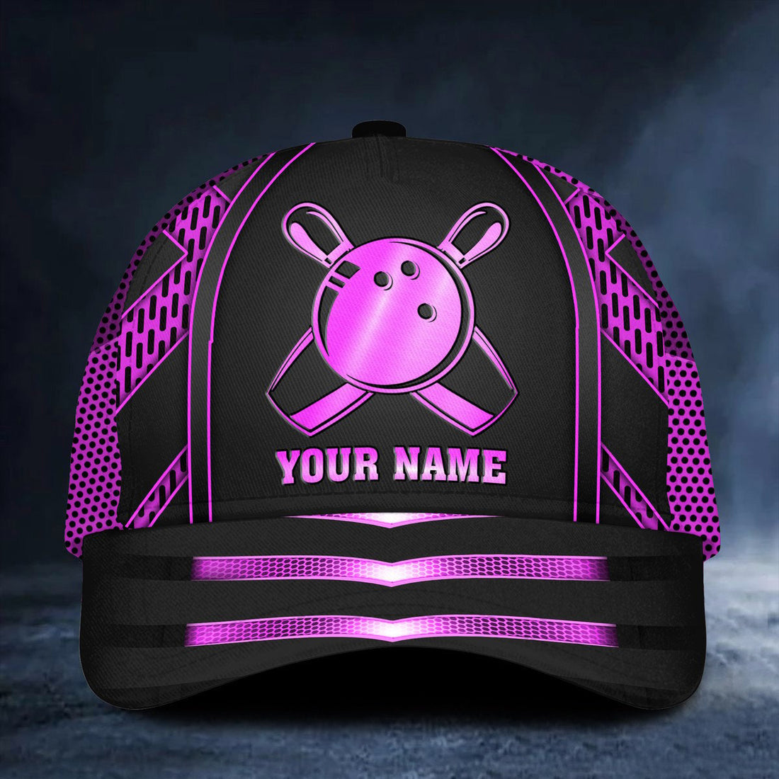 Front view of a black custom bowling cap with a neon red bowling ball and pins design, personalized with your name