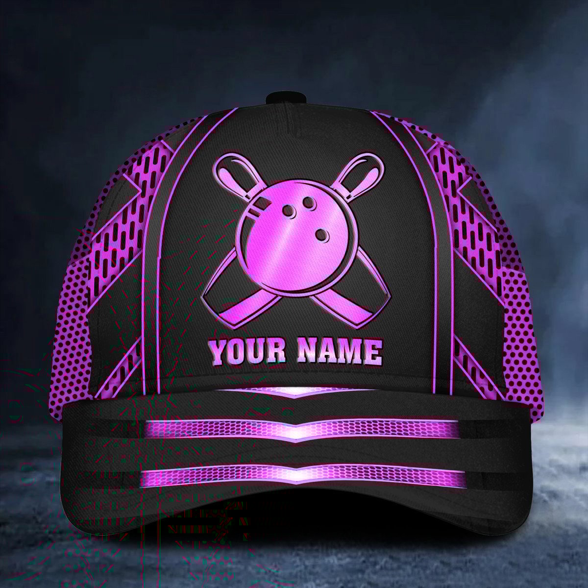 Front view of a black custom bowling cap with a neon pink bowling ball and pins design, personalized with your name