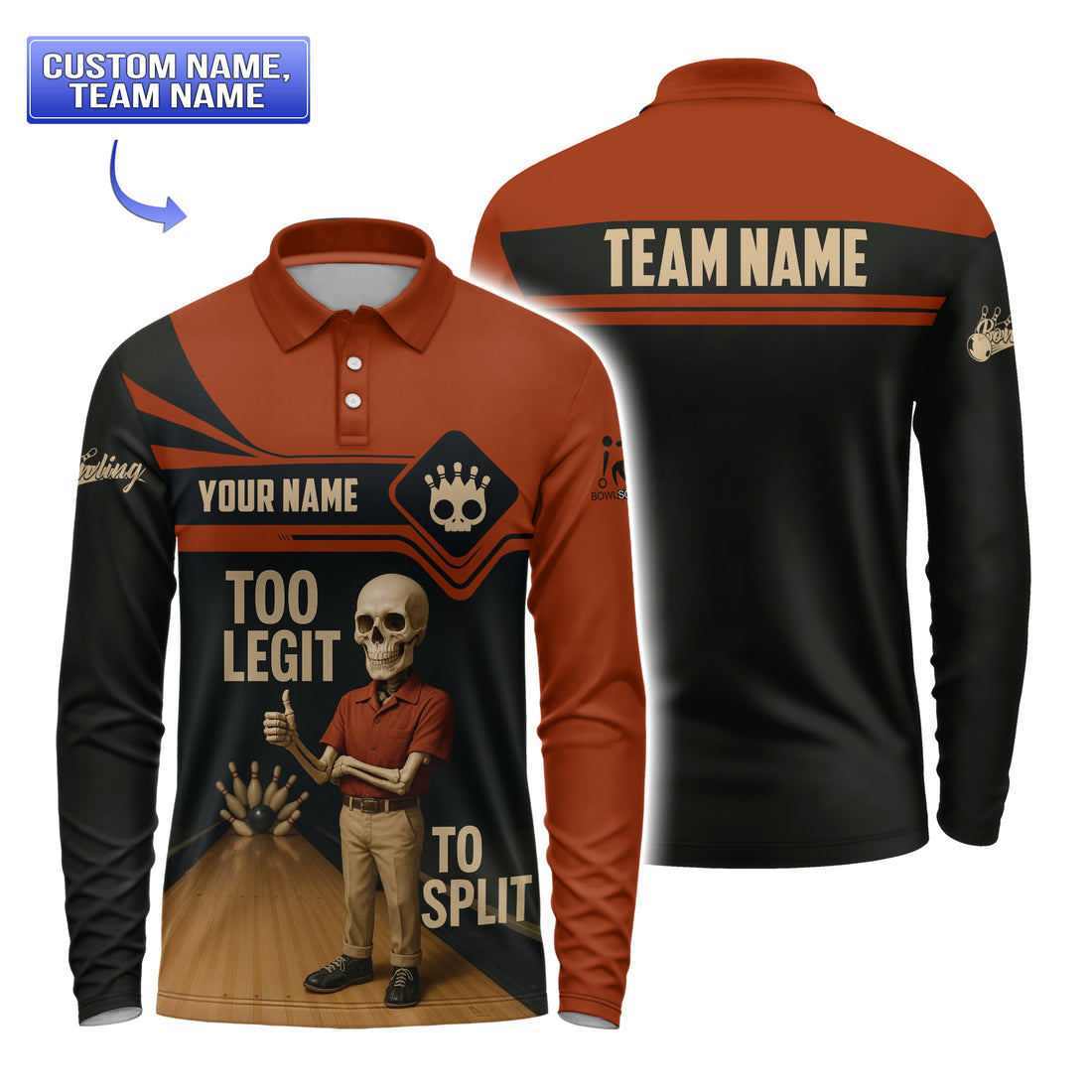 Too Legit to Split Tee, Funny Skeleton Retro Bowling Shirt, Custom Team Bowling Polo Shirt for Club