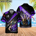 Front and back views of black bowling shirt with purple lightning-bolt accents, personalized name on chest and team name across the back
