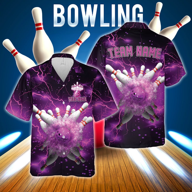 Yellow and black bowling shirt with exploding strike graphic and lightning effects, customizable with name and team text.