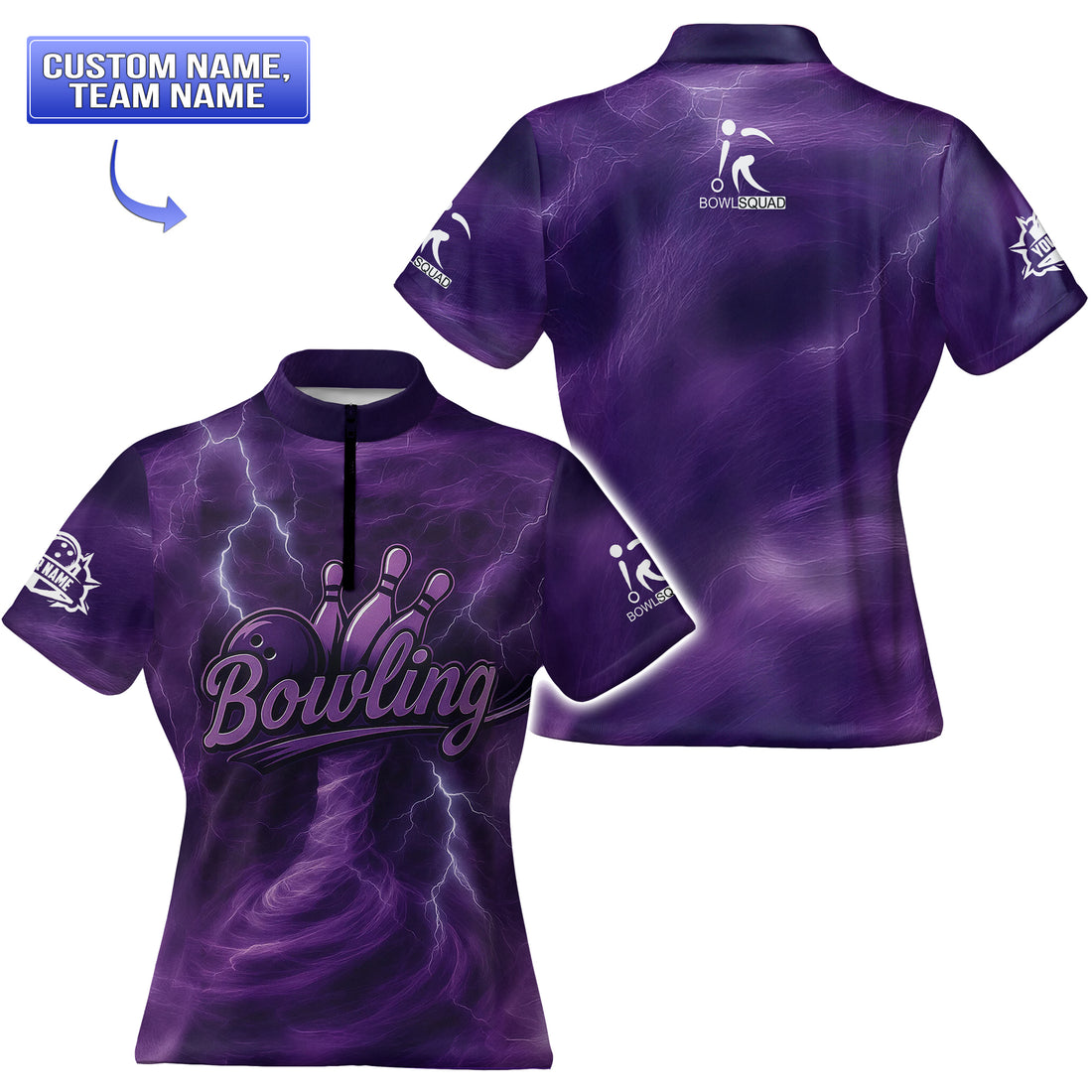 Front view of men’s short-sleeve purple bowling jersey featuring thunderstorm design and custom team logo on sleeve.