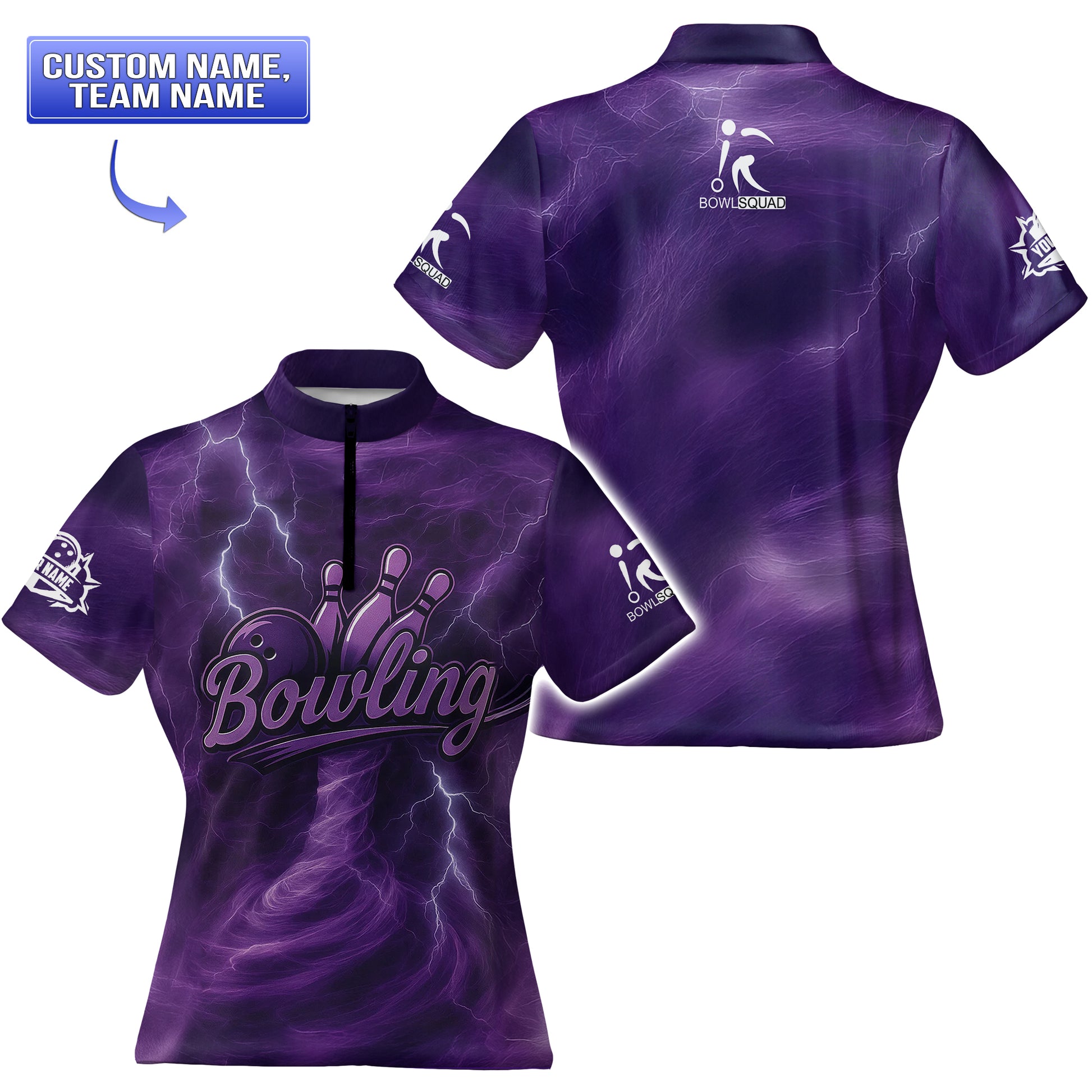 Purple Thunderstorm Bowling Jersey featuring lightning and custom name/team options.