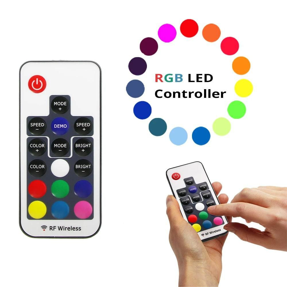 RGB LED Controller with color wheel and various functions for controlling lighting. Features buttons for speed, color, brightness, and mode adjustments