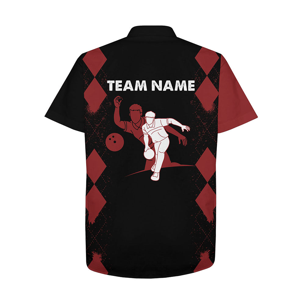 Front and back views of the red and black argyle bowling shirt showcasing personalization options for player name on front and team name on back