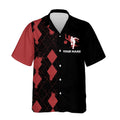 Angled front view of black bowling shirt with red argyle sleeve, stylized bowler graphic, and personalized name on the chest