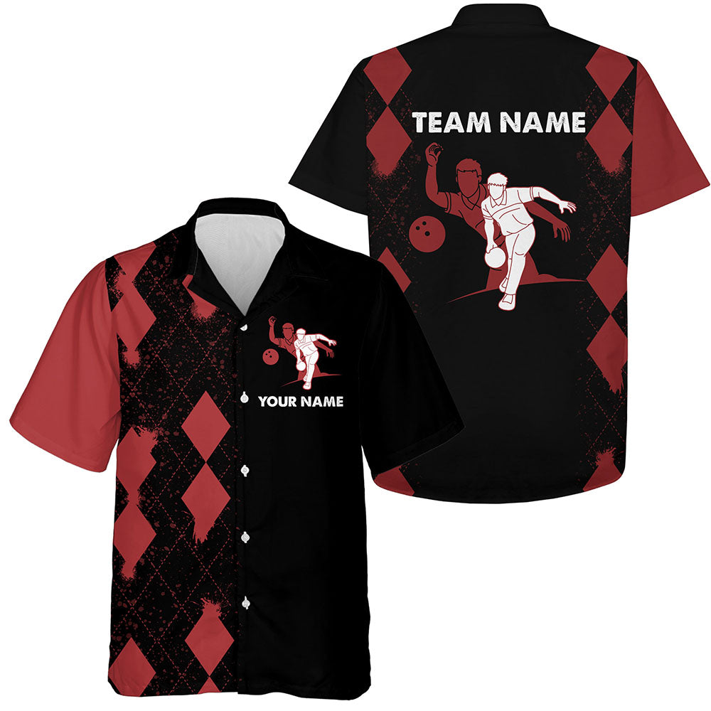 Front and back views of the red and black argyle bowling shirt showcasing personalization options for player name on front and team name on back