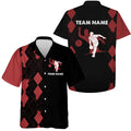 Front and back views of the red and black argyle bowling shirt showcasing personalization options for player name on front and team name on back