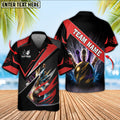 Front and back views of black bowling shirt with red lightning-bolt accents, personalized name on chest and team name across the back