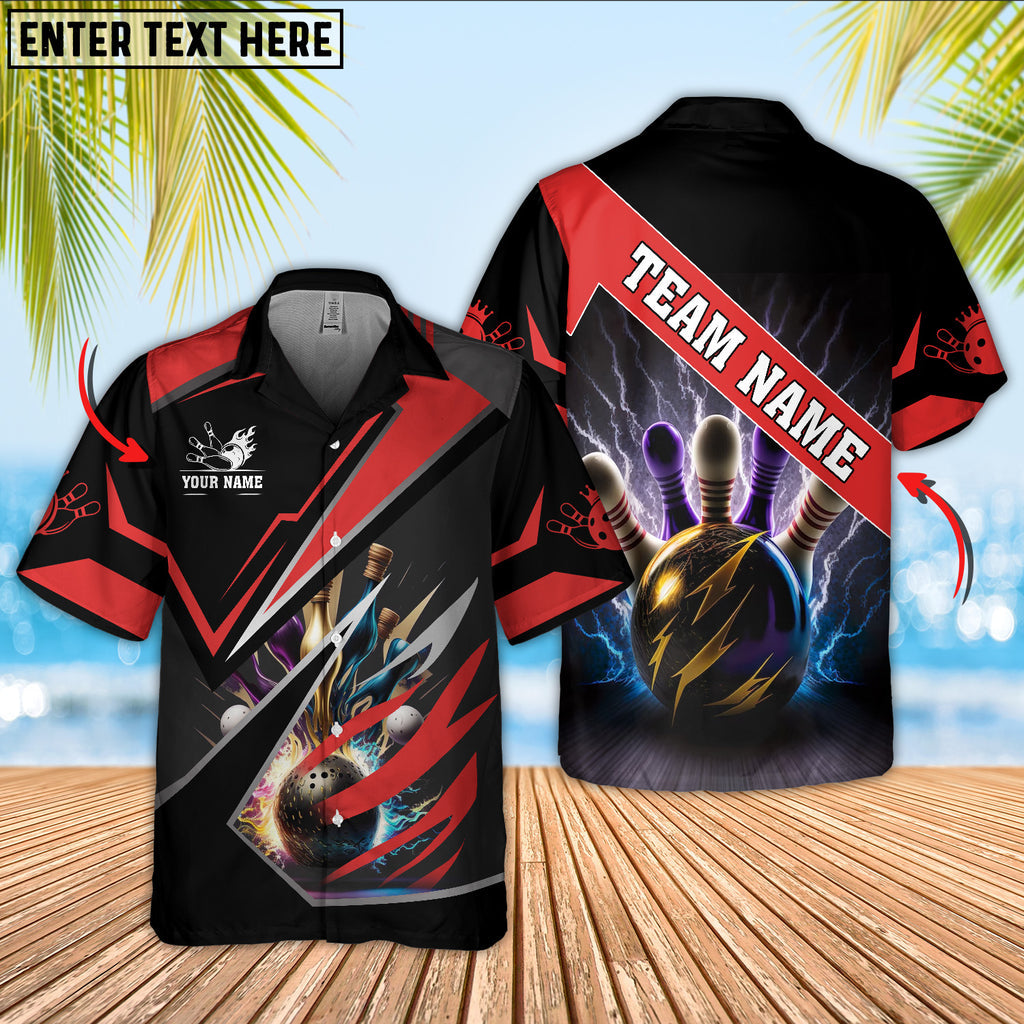 Front and back views of black bowling shirt with red lightning-bolt accents, personalized name on chest and team name across the back