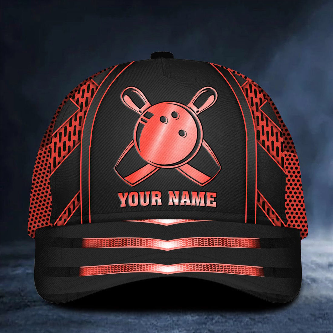 Front view of a black custom bowling cap with a neon red bowling ball and pins design, personalized with your name