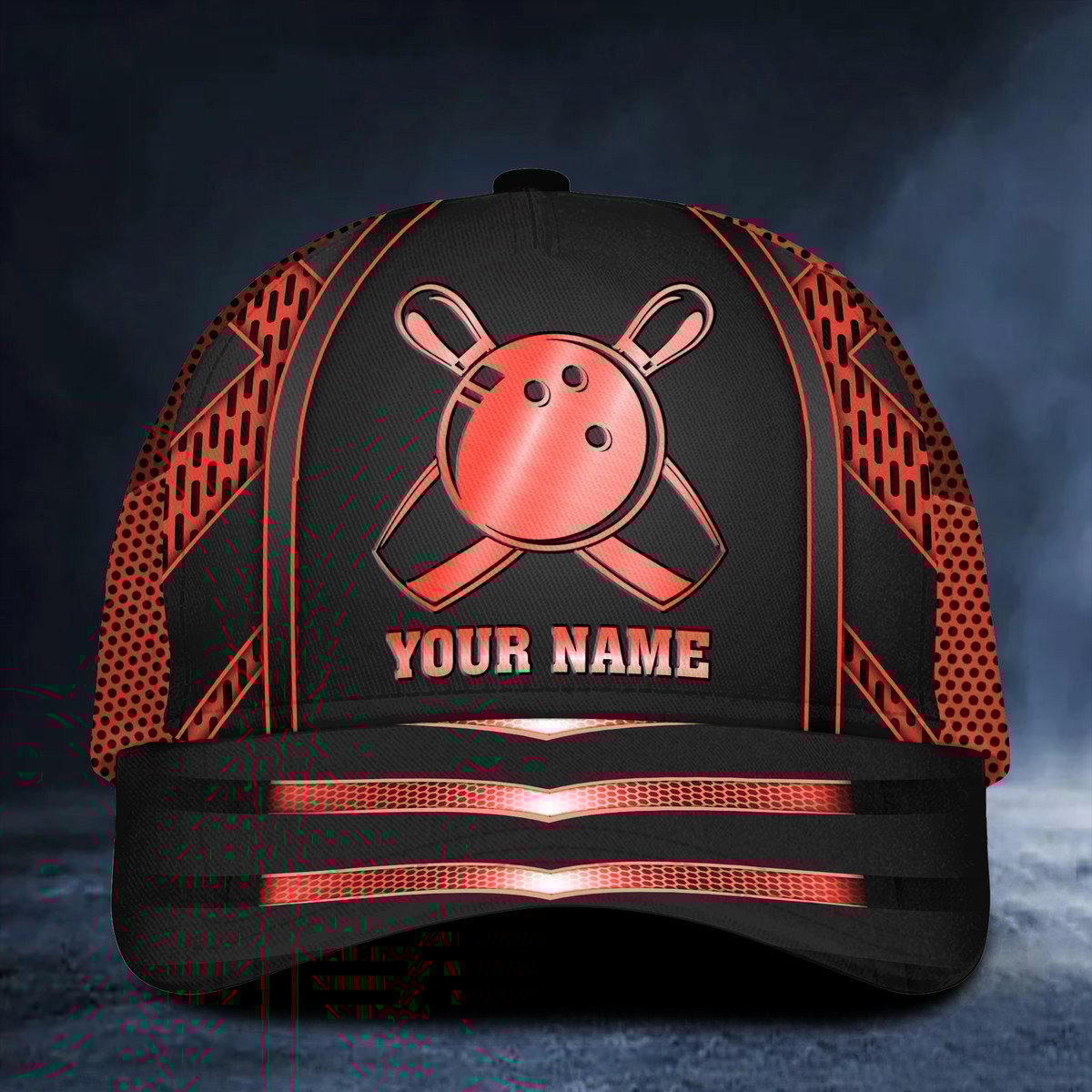 Front view of a black custom bowling cap with a neon red bowling ball and pins design, personalized with your name