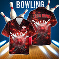 Custom red-themed bowling Hawaiian shirt with exploding pins and ball, lightning background, and editable name/team name areas.