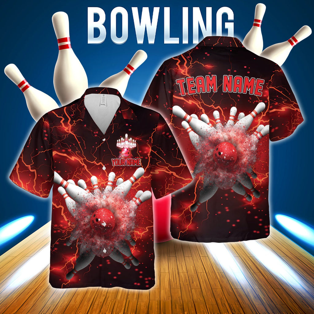 Custom red-themed bowling Hawaiian shirt with exploding pins and ball, lightning background, and editable name/team name areas.