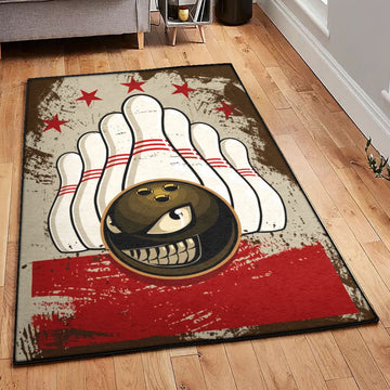 Distressed retro bowling alley rug on hardwood floor showing white pins, red stars, and a snarling bowling ball motif