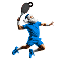 Santa Claus in blue tennis gear, in mid-air action pose with racquet and Santa hat on black background