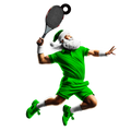 Santa Claus in green tennis uniform, jumping to volley a ball with racquet and Santa hat on black background