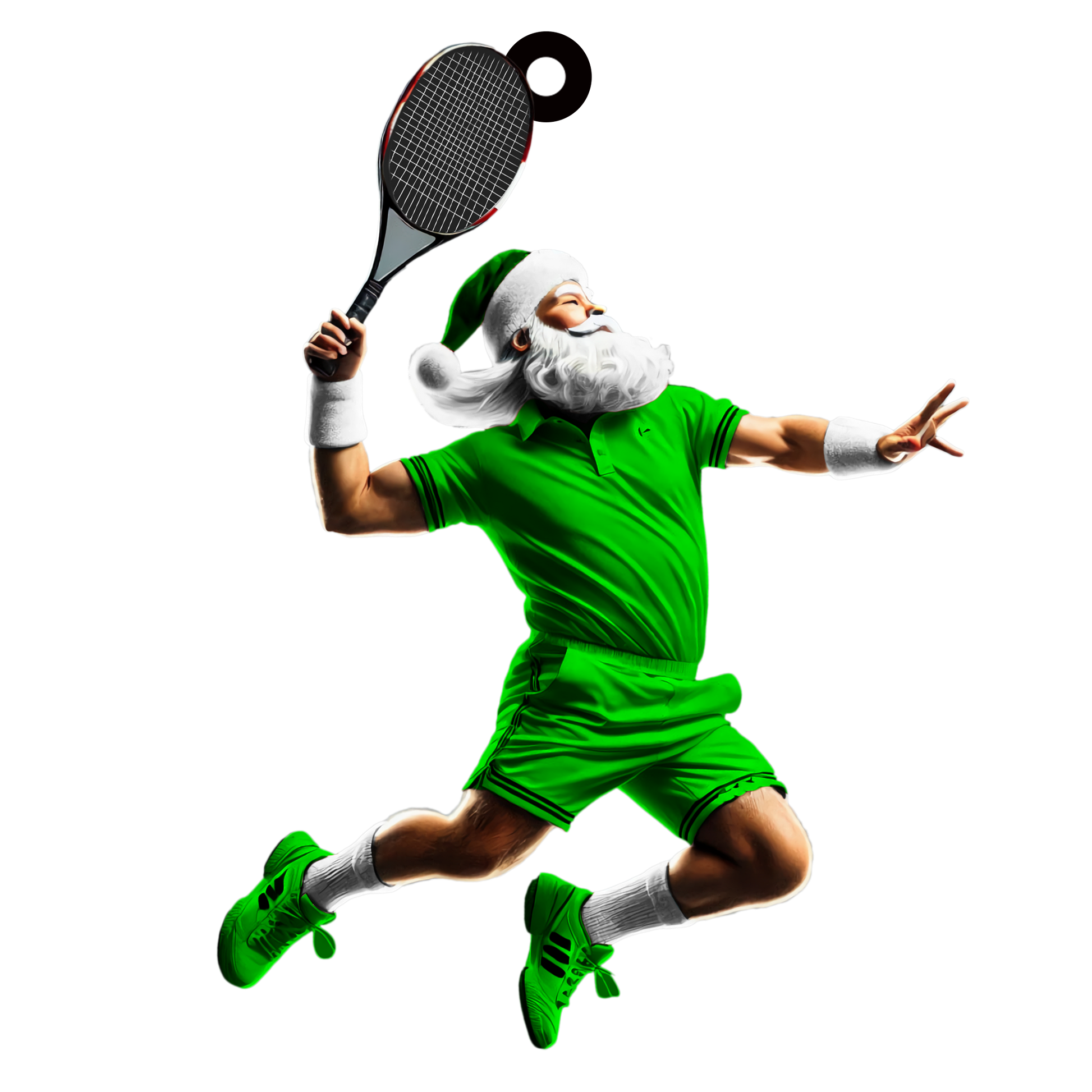 Santa Claus in green tennis uniform, jumping to volley a ball with racquet and Santa hat on black background