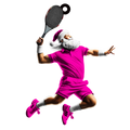 Santa Claus in bright pink tennis kit, poised for a powerful serve with racquet and Santa hat on black background