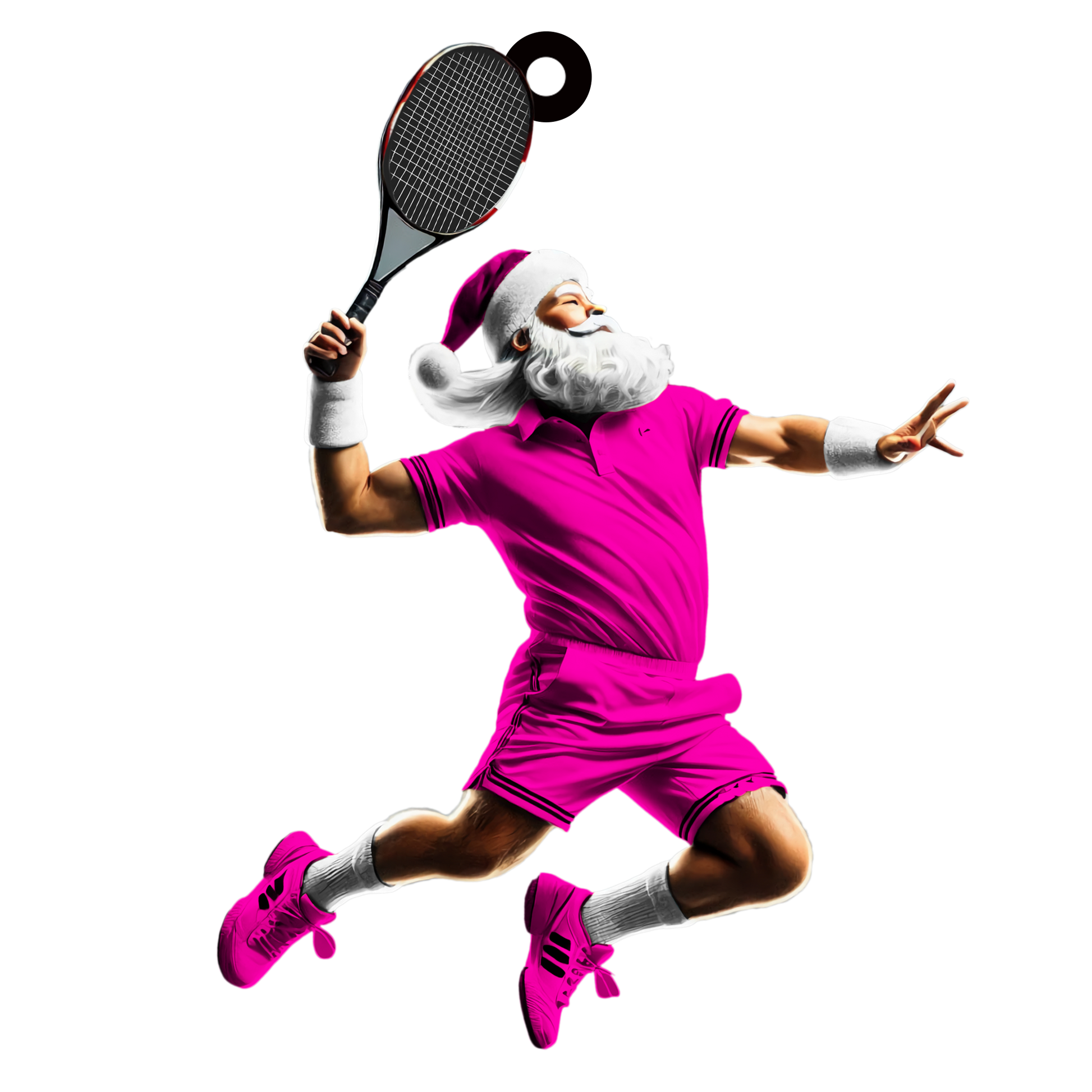 Santa Claus in bright pink tennis kit, poised for a powerful serve with racquet and Santa hat on black background