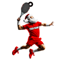 Santa Claus in red tennis apparel smashing a ball mid-air, personalized name text, on black background