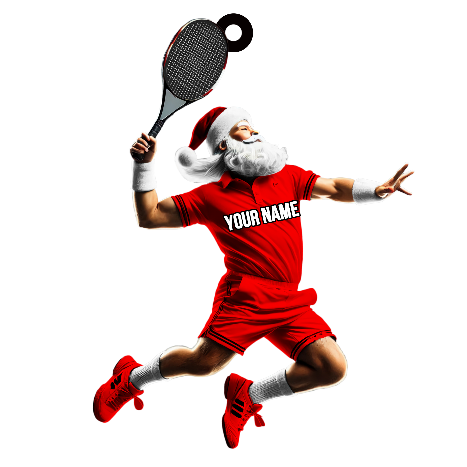 Santa Claus in red tennis apparel smashing a ball mid-air, personalized name text, on black background