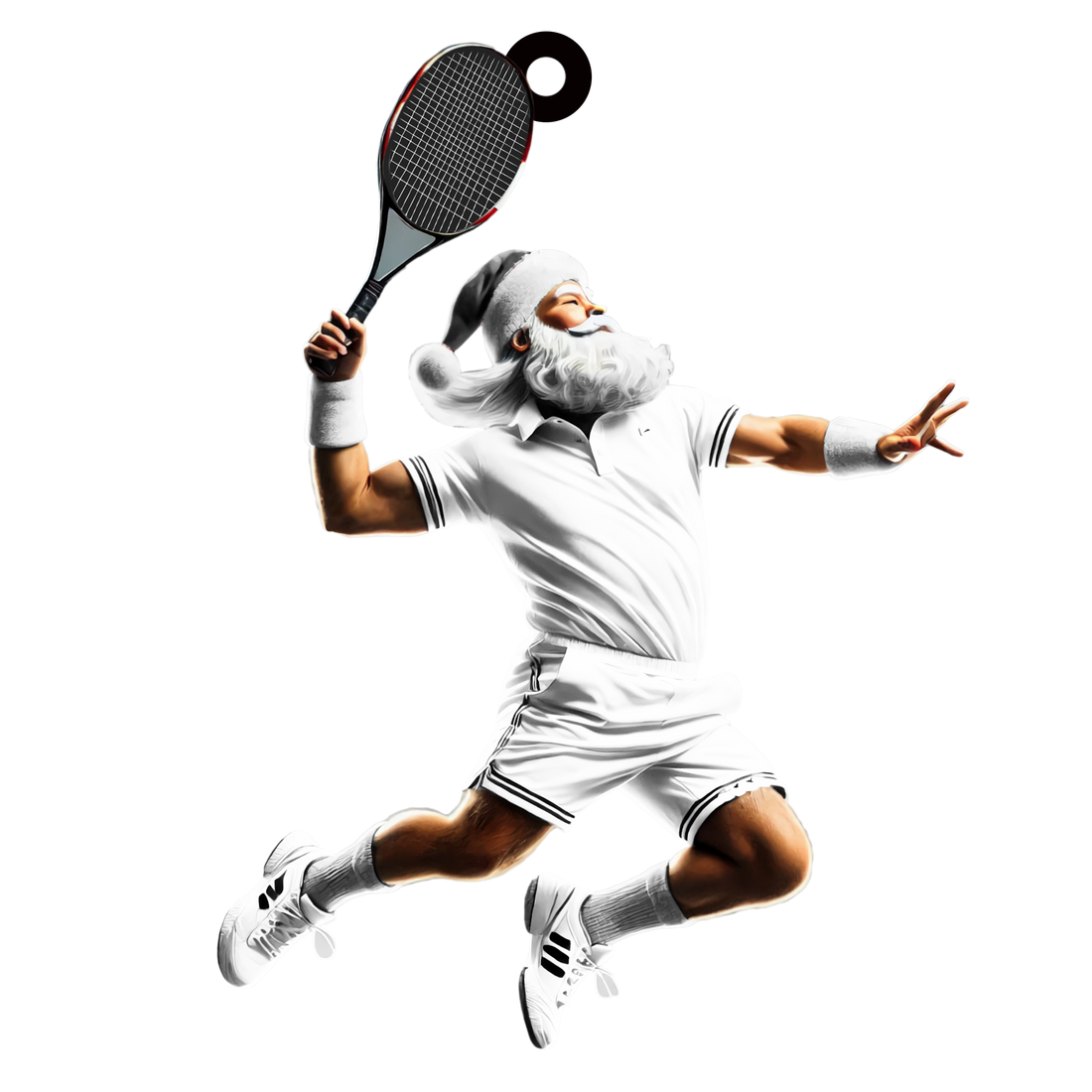 Santa Claus in yellow tennis polo and shorts, mid-air smash with racquet and Santa hat on black background
