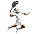 Santa Claus in white tennis outfit, leaping to hit a shot with racquet, wearing Santa hat on black background