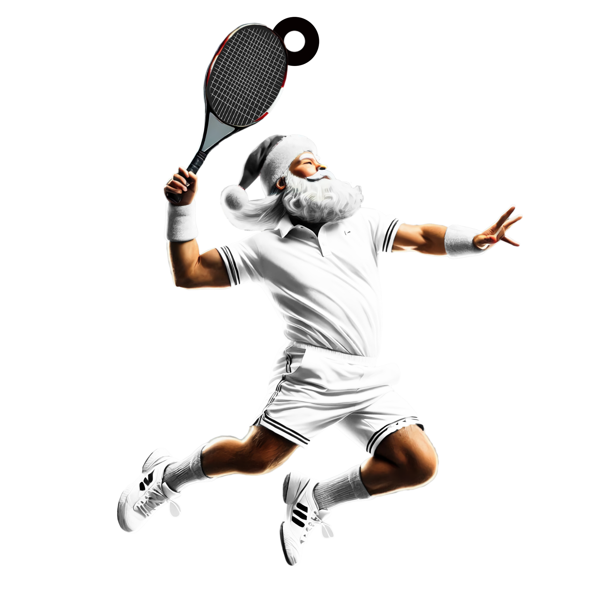 Santa Claus in white tennis outfit, leaping to hit a shot with racquet, wearing Santa hat on black background