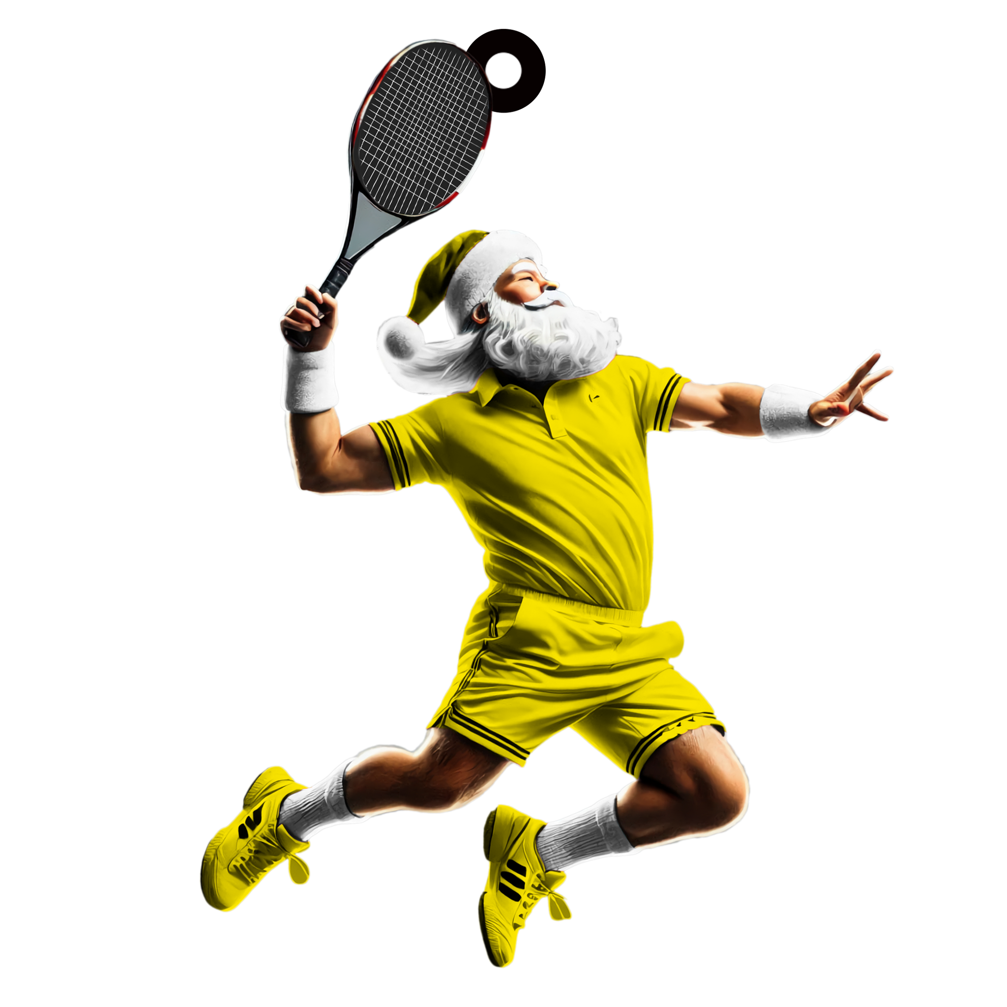 Santa Claus in yellow tennis polo and shorts, mid-air smash with racquet and Santa hat on black background