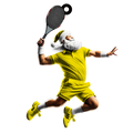 Santa Claus in yellow tennis polo and shorts, mid-air smash with racquet and Santa hat on black background