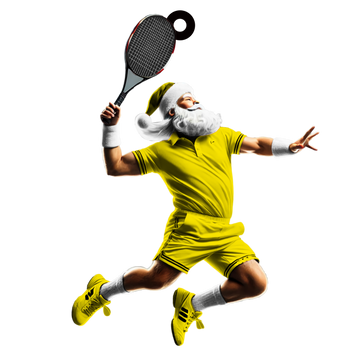 Santa Claus in yellow tennis polo and shorts, mid-air smash with racquet and Santa hat on black background