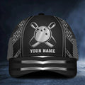 Front view of a black custom bowling cap with a neon silver bowling ball and pins design, personalized with your name