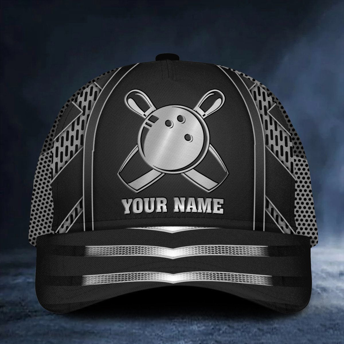 Front view of a black custom bowling cap with a neon silver bowling ball and pins design, personalized with your name