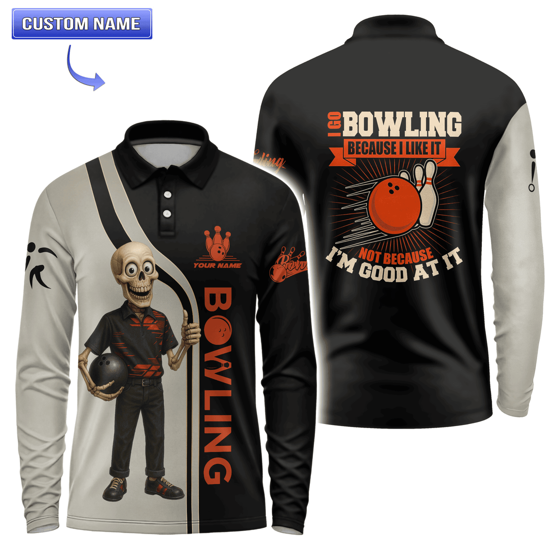  Custom Skeleton Bowling Polo Shirt with personalized name, featuring a skeleton character holding a bowling ball and the word "BOWLING" in bold.