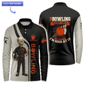 Custom Skeleton Bowling Polo Shirt with personalized name  and long sleeves, featuring a bowling ball and skeleton character.
